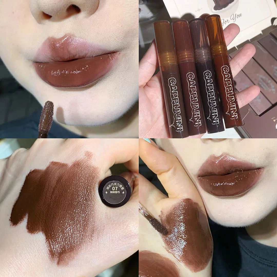 Punk Dark Brown Lip Gloss Mirror Water Lip Glaze Black Chocolate Lipstick Waterproof Liquid Lipstick Nude Clear Tint Makeup
