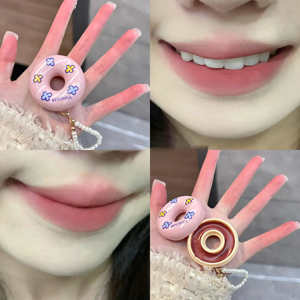 Doughnut Velvet Lip Mud Rose Red Stain Lip Gloss Pearl Keychain Matte Texture Lipstick Long-lasting Lovely Makeup Lip Glaze Tint