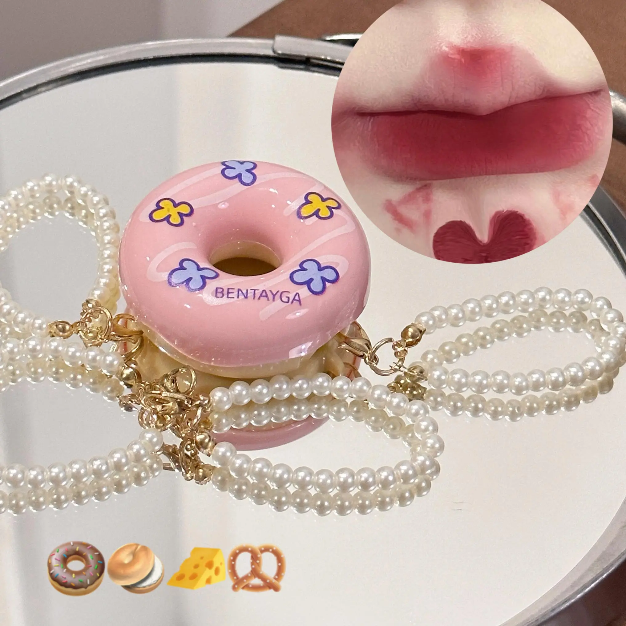 Doughnut Velvet Lip Mud Rose Red Stain Lip Gloss Pearl Keychain Matte Texture Lipstick Long-lasting Lovely Makeup Lip Glaze Tint