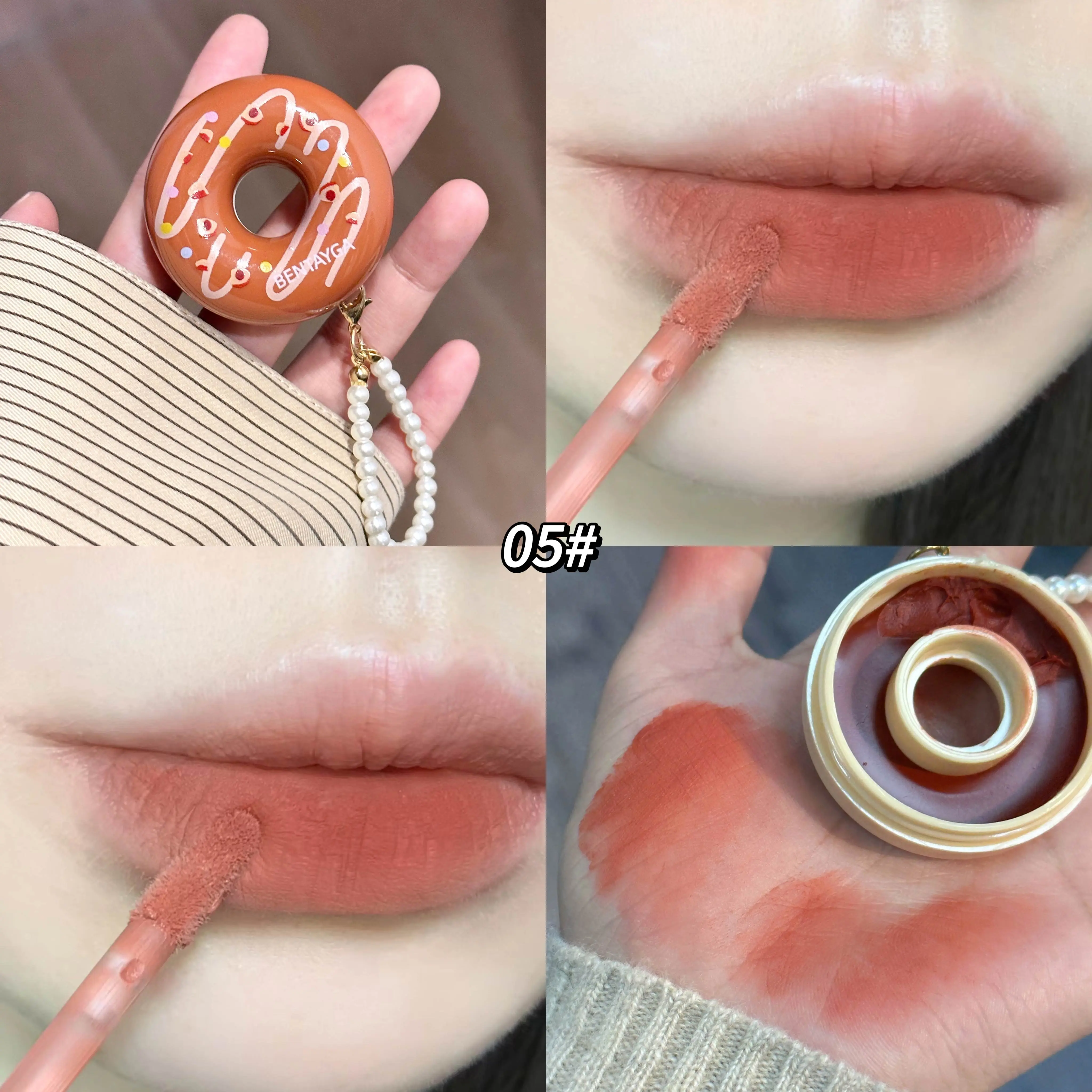 Doughnut Velvet Lip Mud Rose Red Stain Lip Gloss Pearl Keychain Matte Texture Lipstick Long-lasting Lovely Makeup Lip Glaze Tint