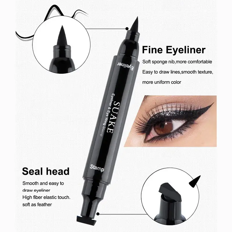 2 In 1 Stamp Black Liquid Eyeliner Pen Waterproof Fast Dry Triangle Seal Eye Liner Pencil Cosmetic Double-ended Eyeliner Makeup
