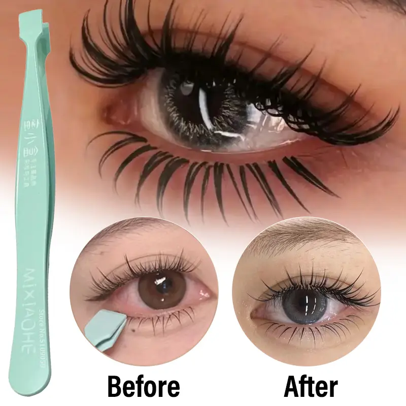 Large Flat Clamp Head Eyelash Tweezers Stainless Steel Curved Tweezers Clip Easily Pick Up Clusters Fake Eyelashes Makeup Tool