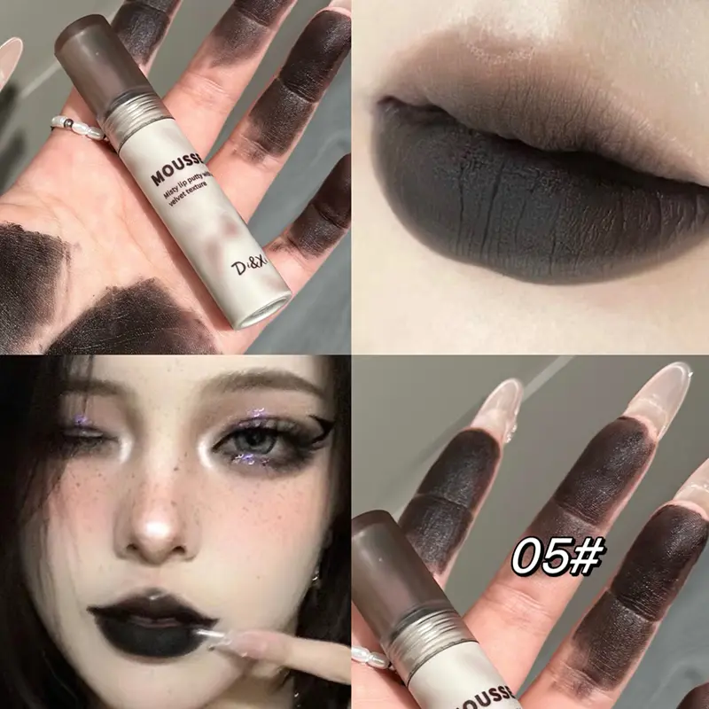 Cool Black Silky Smooth Lip Mud Mousse Matte Caramel Brown Lipstick Clay Dark Punk Lip Glaze Holding Makeup Non-stick Cup