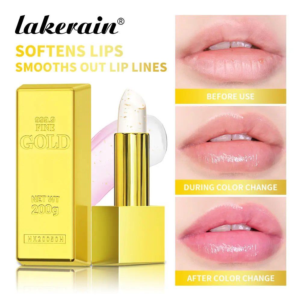 24K Gold Color Changing Lip Balm Gold Foil Moisturizing Jelly Pink Lipstick Brightens Natural Lips Deep Hydration Long Lasting