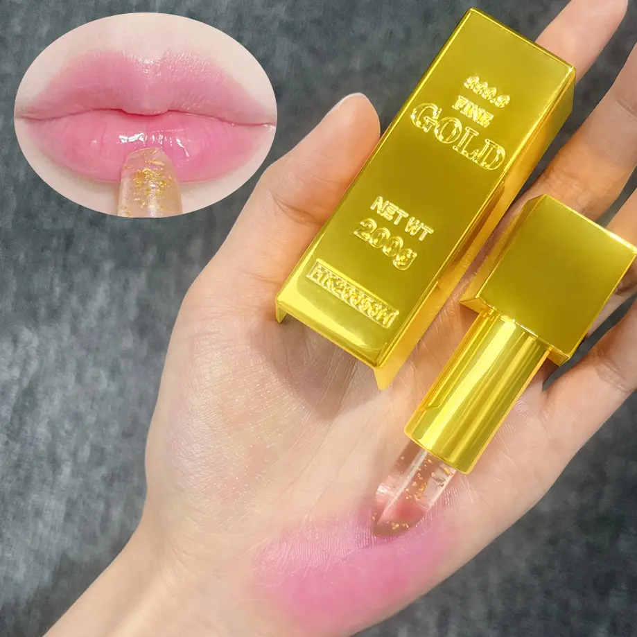 24K Gold Color Changing Lip Balm Gold Foil Moisturizing Jelly Pink Lipstick Brightens Natural Lips Deep Hydration Long Lasting
