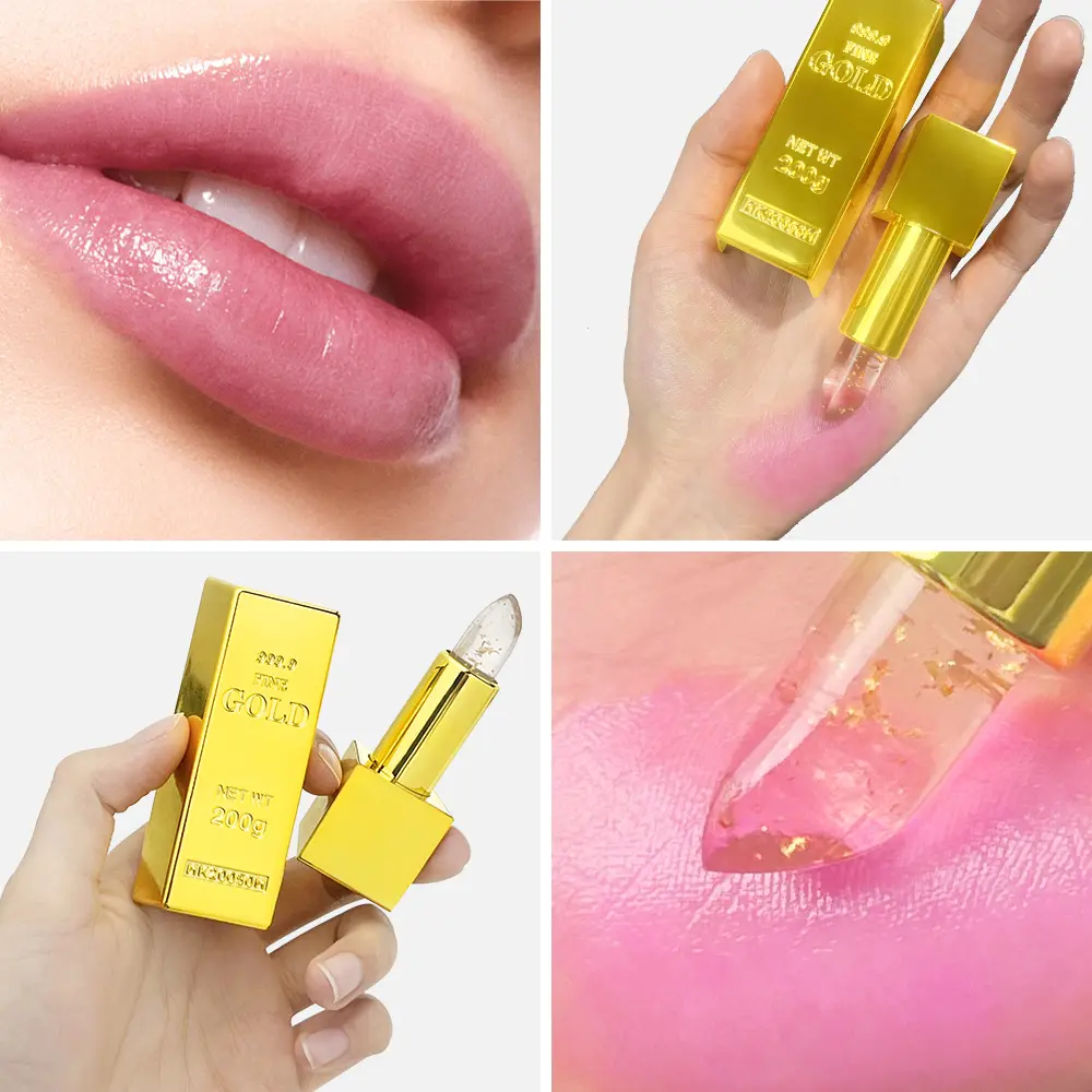 24K Gold Color Changing Lip Balm Gold Foil Moisturizing Jelly Pink Lipstick Brightens Natural Lips Deep Hydration Long Lasting