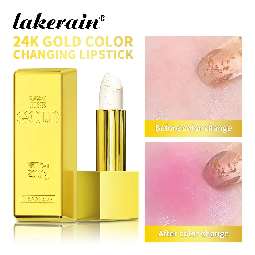 24K Gold Color Changing Lip Balm Gold Foil Moisturizing Jelly Pink Lipstick Brightens Natural Lips Deep Hydration Long Lasting