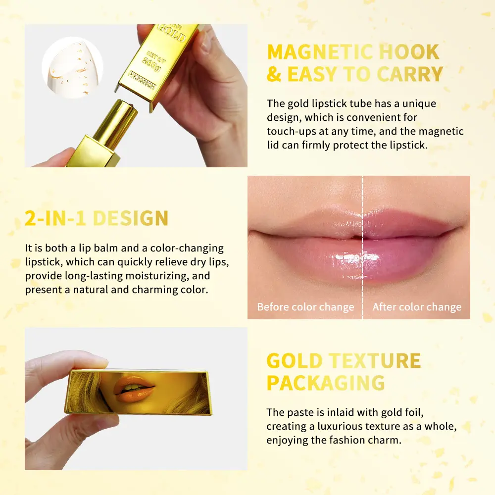 24K Gold Color Changing Lip Balm Gold Foil Moisturizing Jelly Pink Lipstick Brightens Natural Lips Deep Hydration Long Lasting