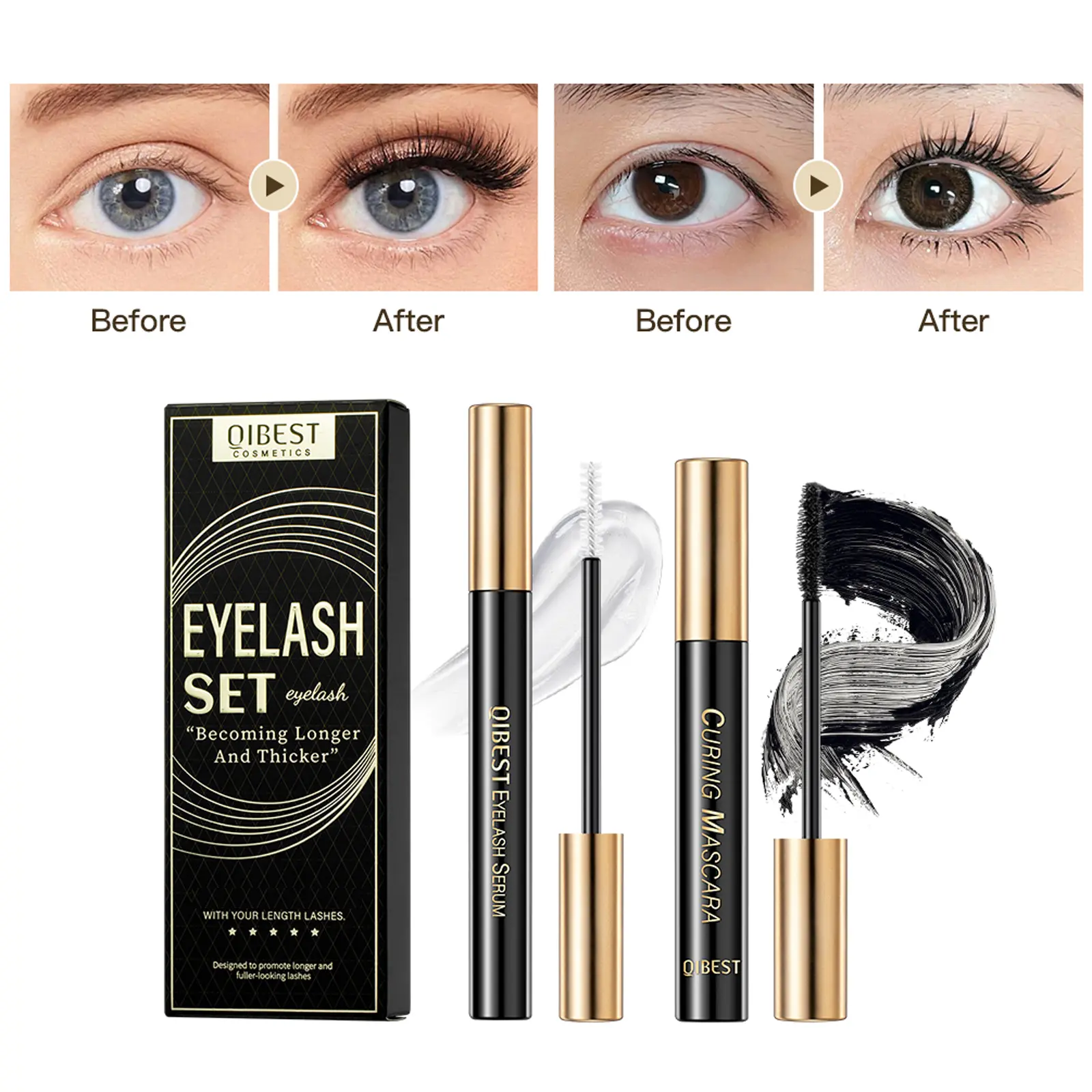 2pcs/Set Mascara Waterproof Lengthens Eyelashes Growth Serum Set Lasting Styling Quick Dry Curling Eyelash Silk Extension Cream