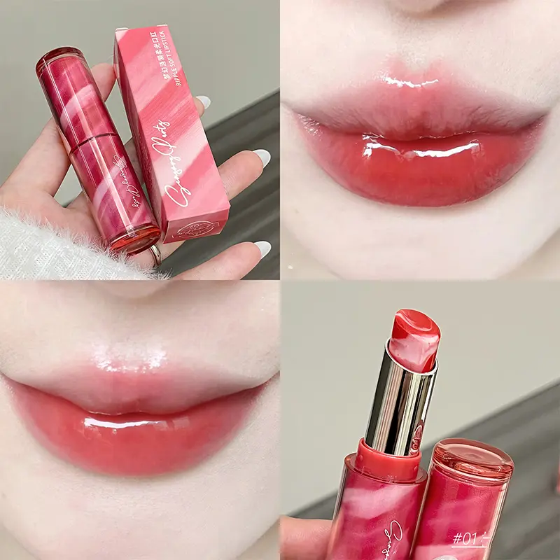 Marble Ripple Colored Lip Balm Strawberry Red Lipstick Deeply Hydrating Lip Plumping Water-Rich Glossy Finish Non-Sticky Makeup