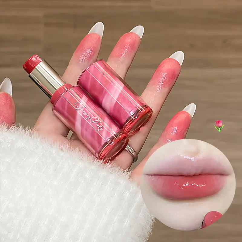 Marble Ripple Colored Lip Balm Strawberry Red Lipstick Deeply Hydrating Lip Plumping Water-Rich Glossy Finish Non-Sticky Makeup