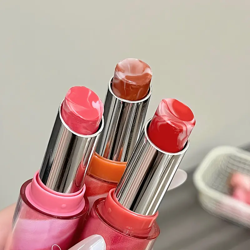 Marble Ripple Colored Lip Balm Strawberry Red Lipstick Deeply Hydrating Lip Plumping Water-Rich Glossy Finish Non-Sticky Makeup