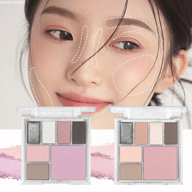 7-Color Eye Shadow Palette White Matte Brightening Pink Powder Blusher Grey Brown Face Contouring Multi-function Makeup Palette
