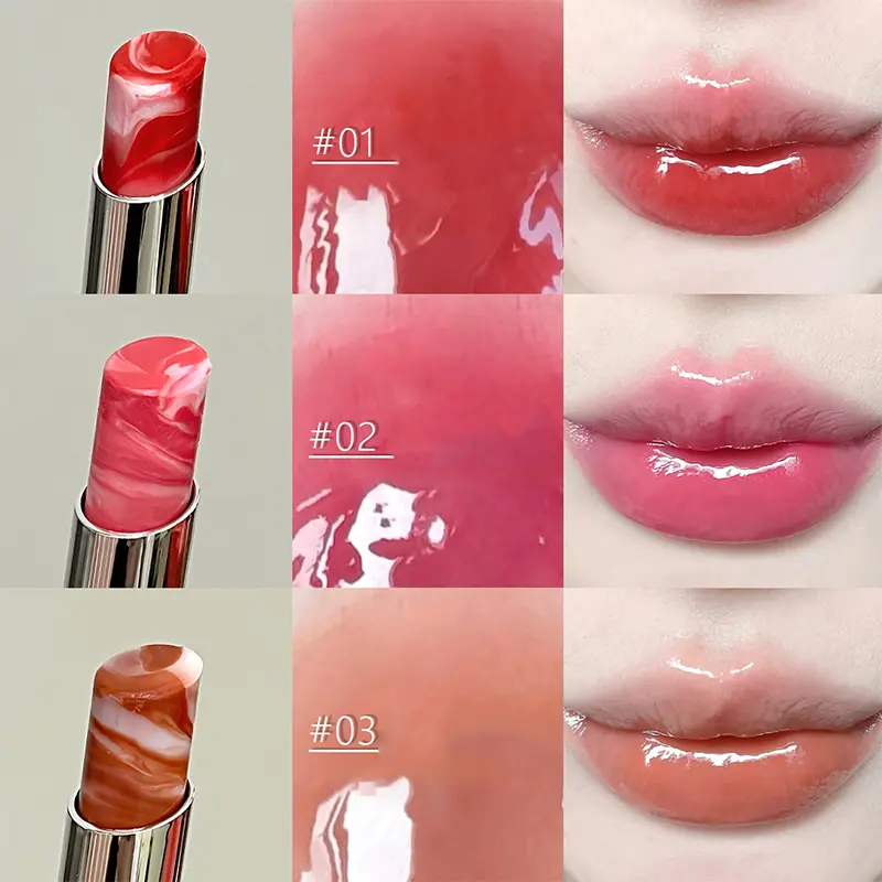 Marble Ripple Colored Lip Balm Strawberry Red Lipstick Deeply Hydrating Lip Plumping Water-Rich Glossy Finish Non-Sticky Makeup