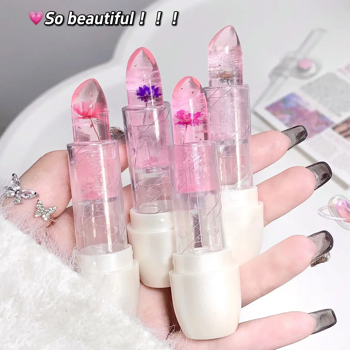 Jelly Flower Lip Balm Gloss Transparent Lipstick Temperature Color Changing Lip Balm Moisturizing Lips Makeup Long Lasting