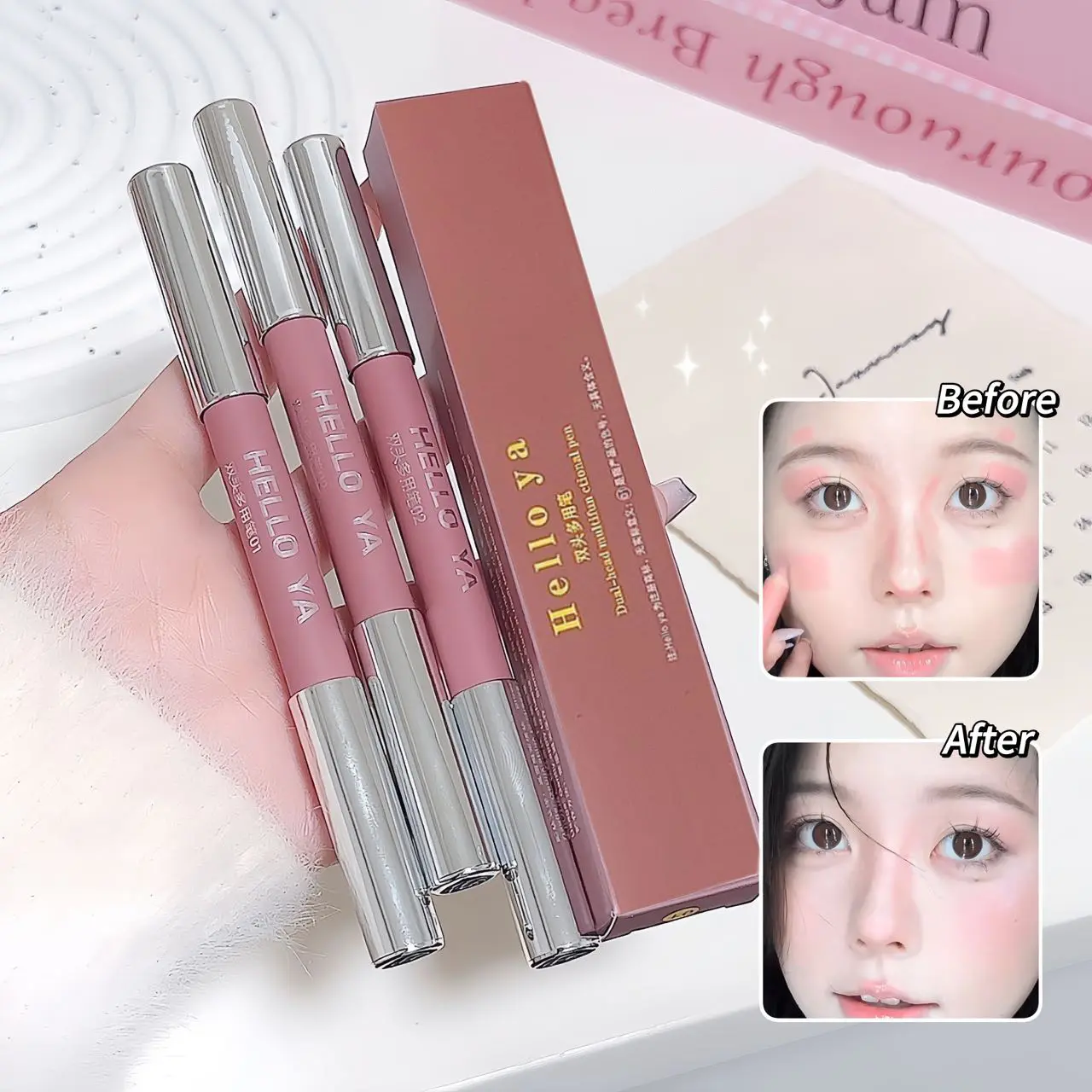 Double Head Nude Rose Face Blusher Lying Silkworm Eye Shadow Creamy Mousse Multi-purpose High Gloss Face Shaping Crayon Pencil