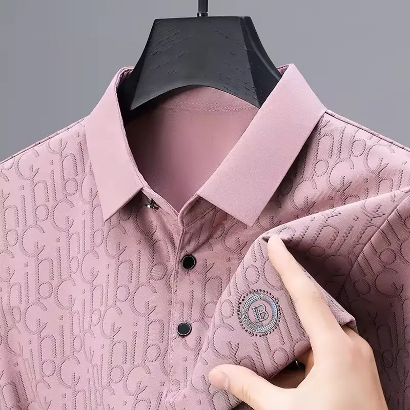High end brand letter printed short sleeved T-shirt men's 2024summer new ice silk cool and breathable business casual POLO shirt