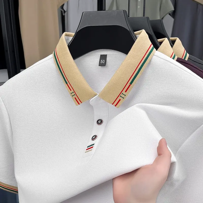 100% pure cotton color blocked lapel T-shirt short sleeve fashion embroidery soft comfort middle-aged men's casual polo shirt