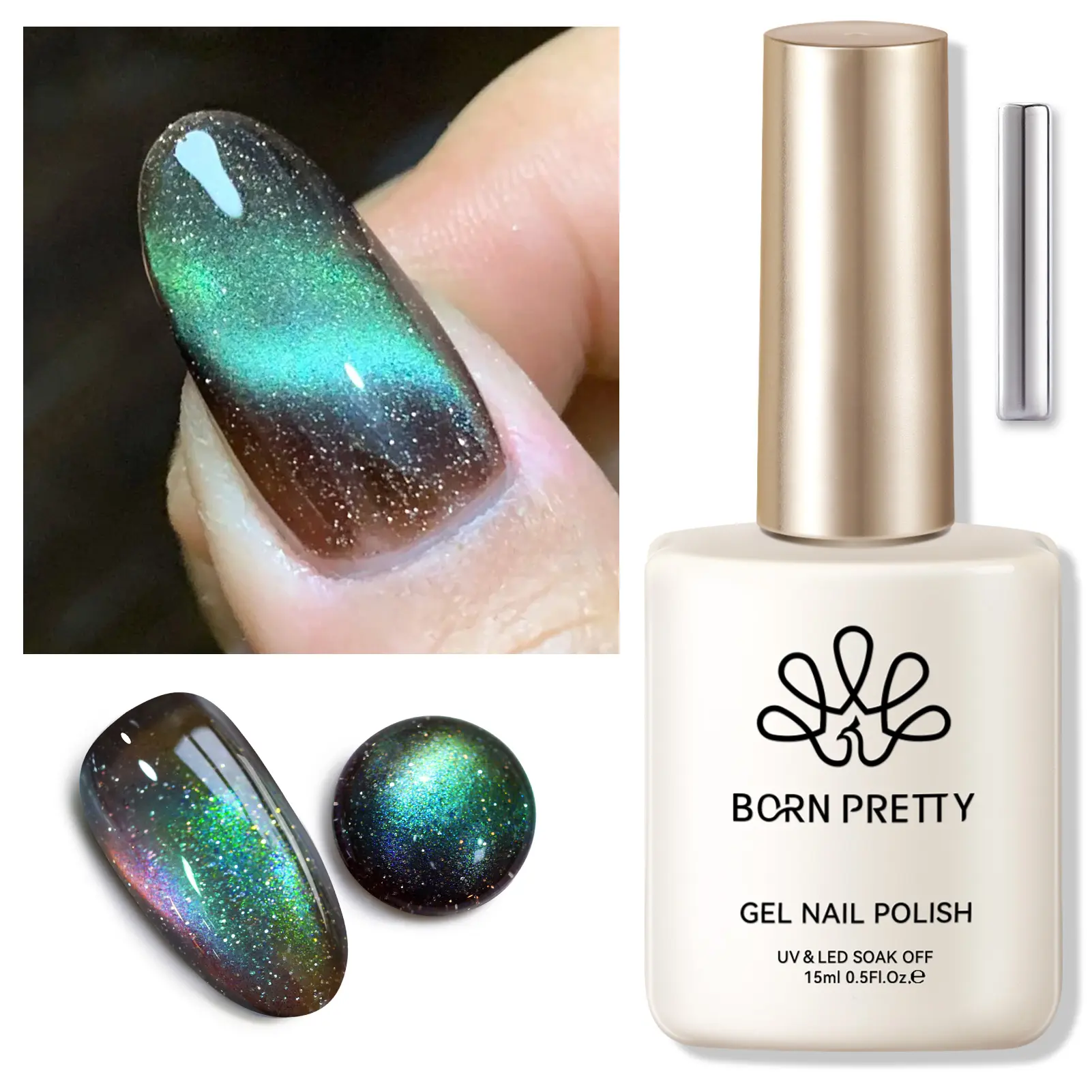 BORN PRETTY 15ml Blue Gel Nail Polish Cat Magnetic Nail Art Sparkling Glass Aurora Glitter Effect Soak Off UV LED Manicure