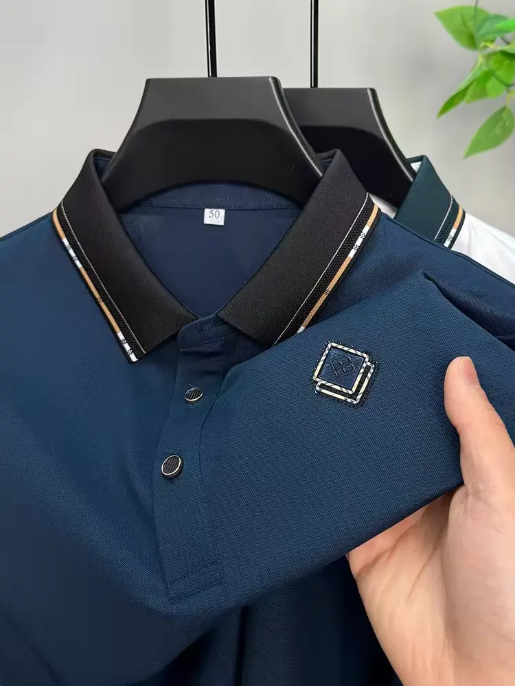 High quality brand short sleeved men's polo shirt summer fashion diamond print design breathable cotton top soft casual T-shirt