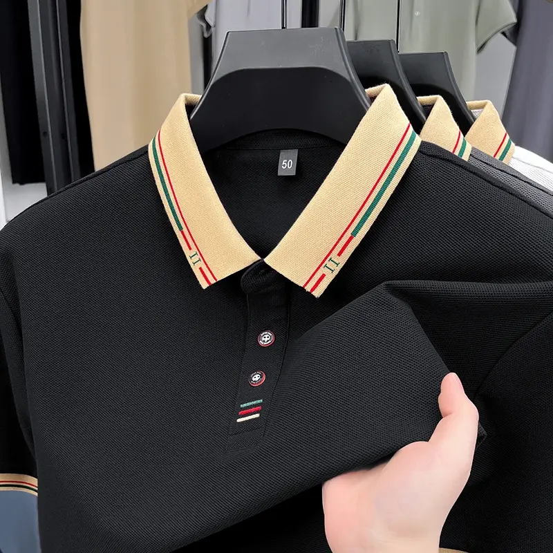 100% pure cotton color blocked lapel T-shirt short sleeve fashion embroidery soft comfort middle-aged men's casual polo shirt