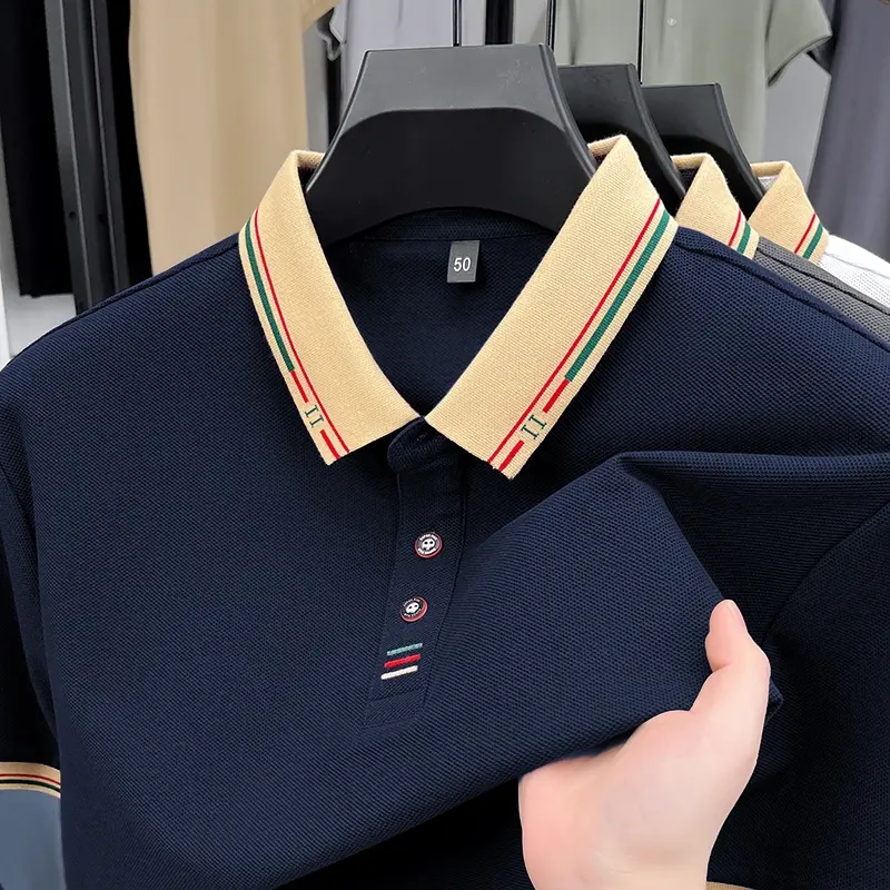 100% pure cotton color blocked lapel T-shirt short sleeve fashion embroidery soft comfort middle-aged men's casual polo shirt
