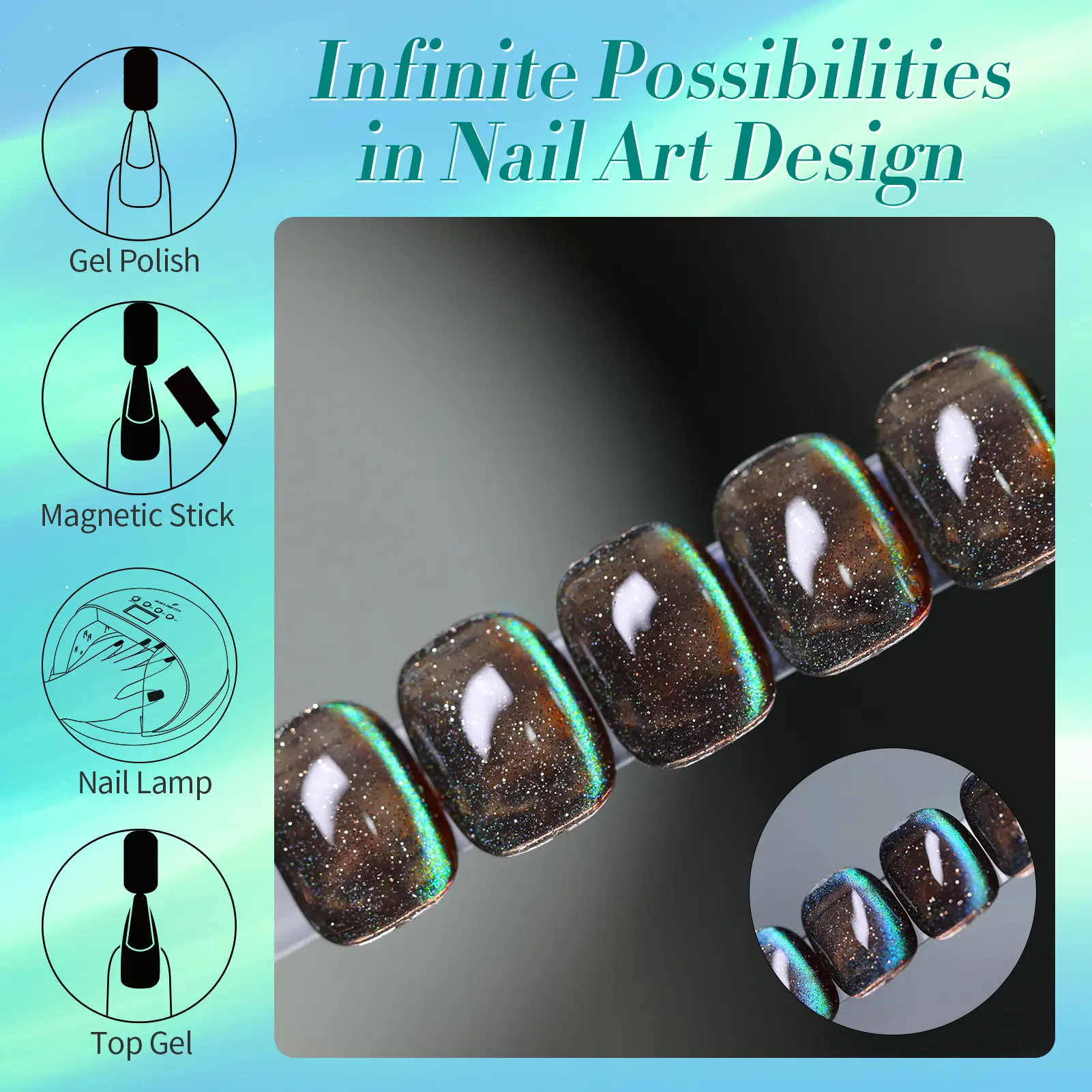 BORN PRETTY 15ml Blue Gel Nail Polish Cat Magnetic Nail Art Sparkling Glass Aurora Glitter Effect Soak Off UV LED Manicure