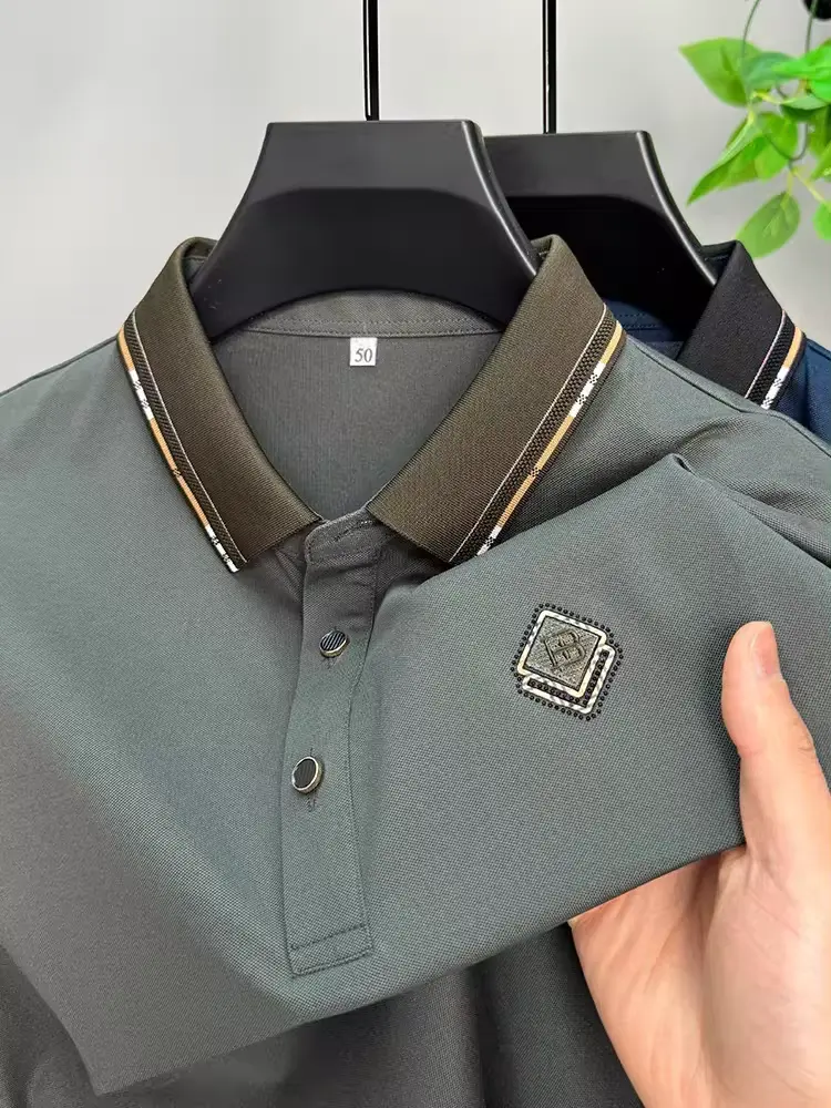 High quality brand short sleeved men's polo shirt summer fashion diamond print design breathable cotton top soft casual T-shirt