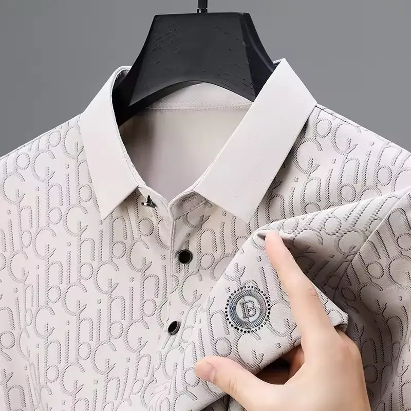 High end brand letter printed short sleeved T-shirt men's 2024summer new ice silk cool and breathable business casual POLO shirt