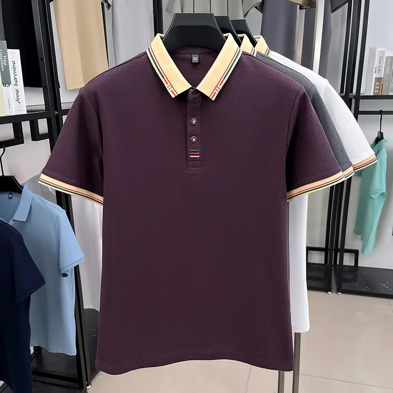 100% pure cotton color blocked lapel T-shirt short sleeve fashion embroidery soft comfort middle-aged men's casual polo shirt