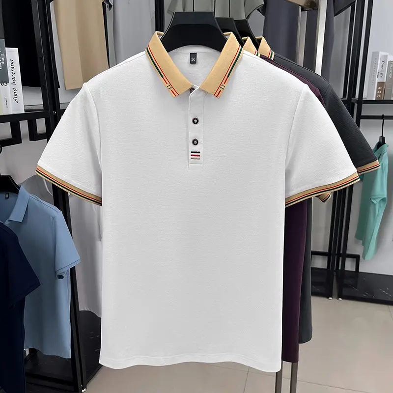 100% pure cotton color blocked lapel T-shirt short sleeve fashion embroidery soft comfort middle-aged men's casual polo shirt
