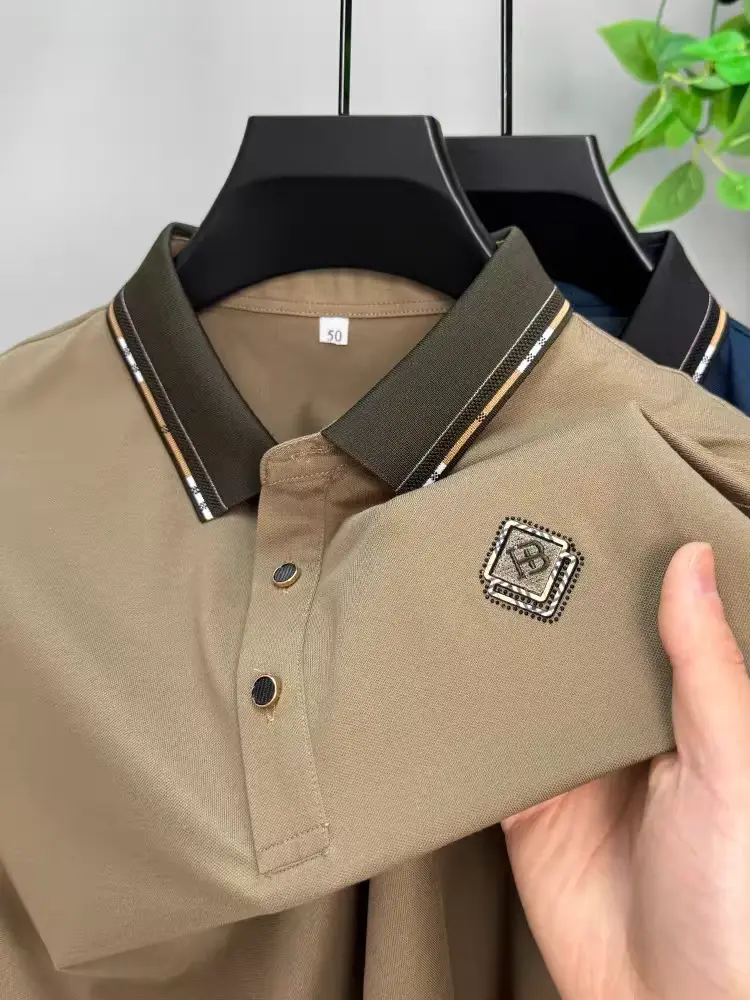 High quality brand short sleeved men's polo shirt summer fashion diamond print design breathable cotton top soft casual T-shirt