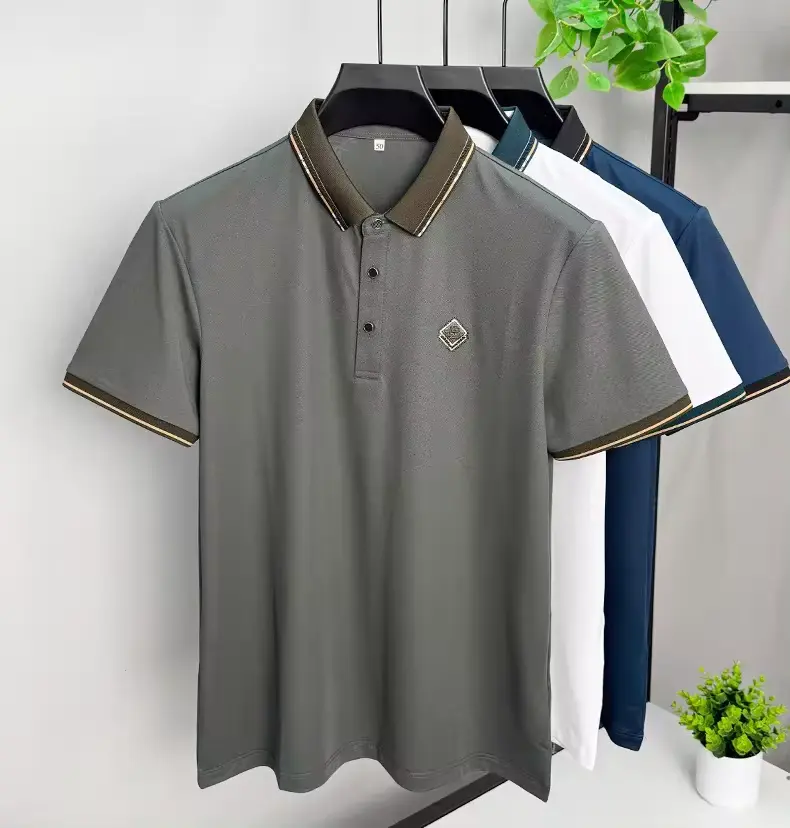 High quality brand short sleeved men's polo shirt summer fashion diamond print design breathable cotton top soft casual T-shirt