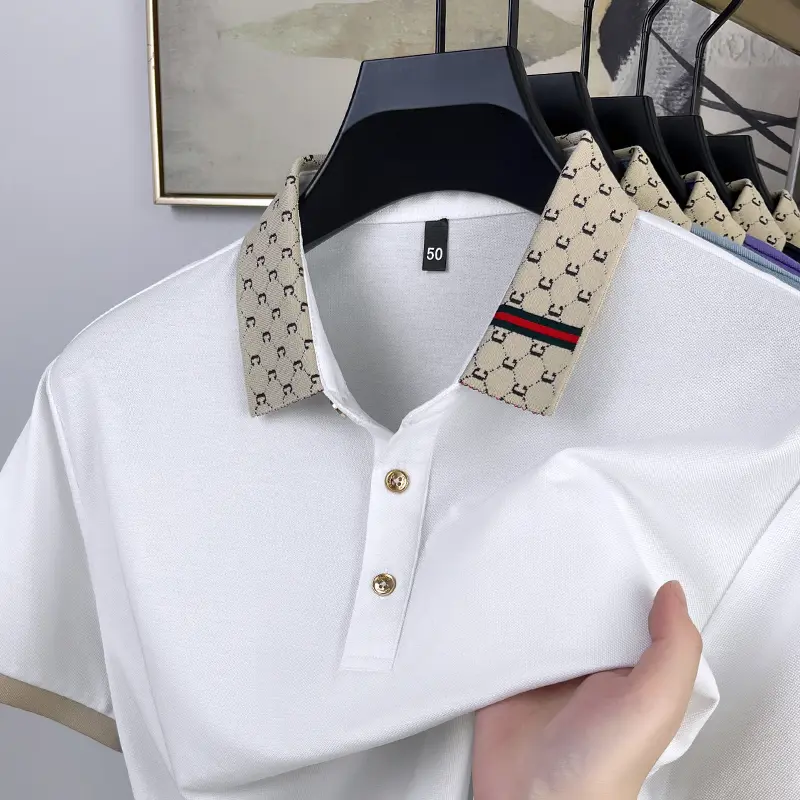 High quality men's short sleeve T-shirt fashion color blocked lapel summer silky smooth breathable comfortable casual polo shirt