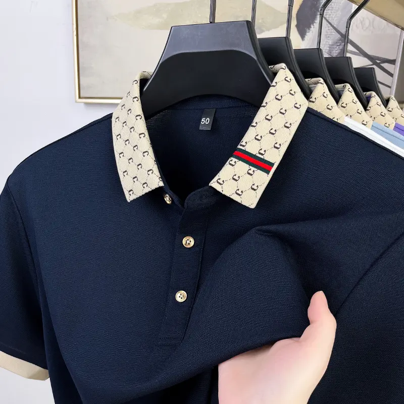 High quality men's short sleeve T-shirt fashion color blocked lapel summer silky smooth breathable comfortable casual polo shirt