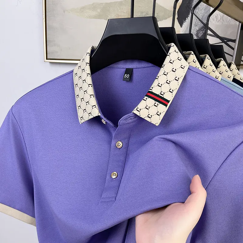 High quality men's short sleeve T-shirt fashion color blocked lapel summer silky smooth breathable comfortable casual polo shirt