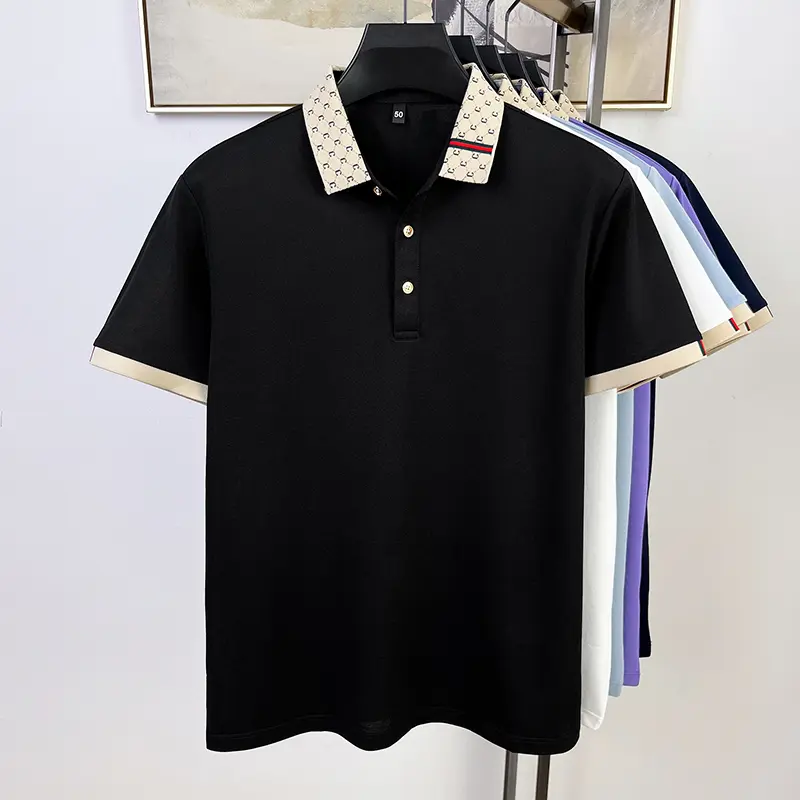High quality men's short sleeve T-shirt fashion color blocked lapel summer silky smooth breathable comfortable casual polo shirt