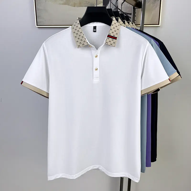 High quality men's short sleeve T-shirt fashion color blocked lapel summer silky smooth breathable comfortable casual polo shirt