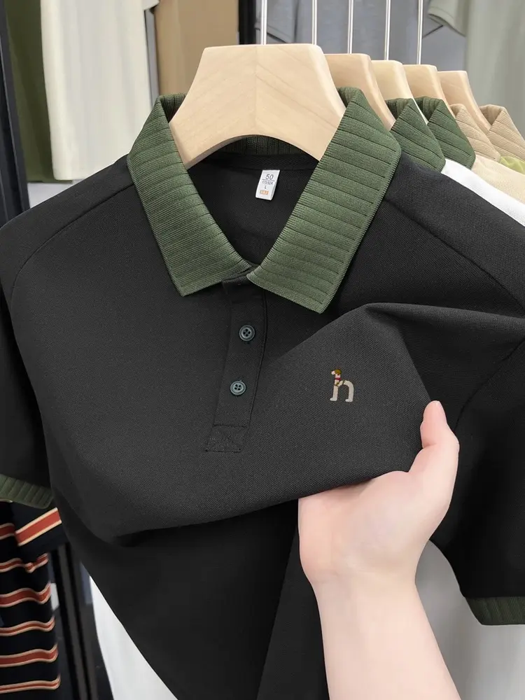 Fashion brand men's short sleeve polo shirt cute dog embroidery summer new comfort breathable trend color blocked lapel T-shirt