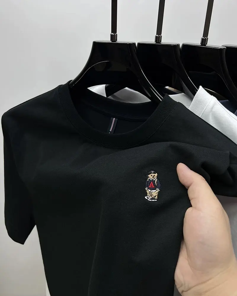 Brand fashion teddy bear embroidered short sleeve T-shirt men summer 100% cotton breathable Korean youth casual round neck top