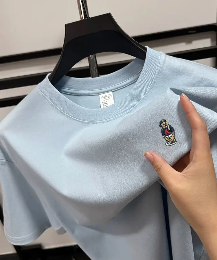Brand fashion teddy bear embroidered short sleeve T-shirt men summer 100% cotton breathable Korean youth casual round neck top