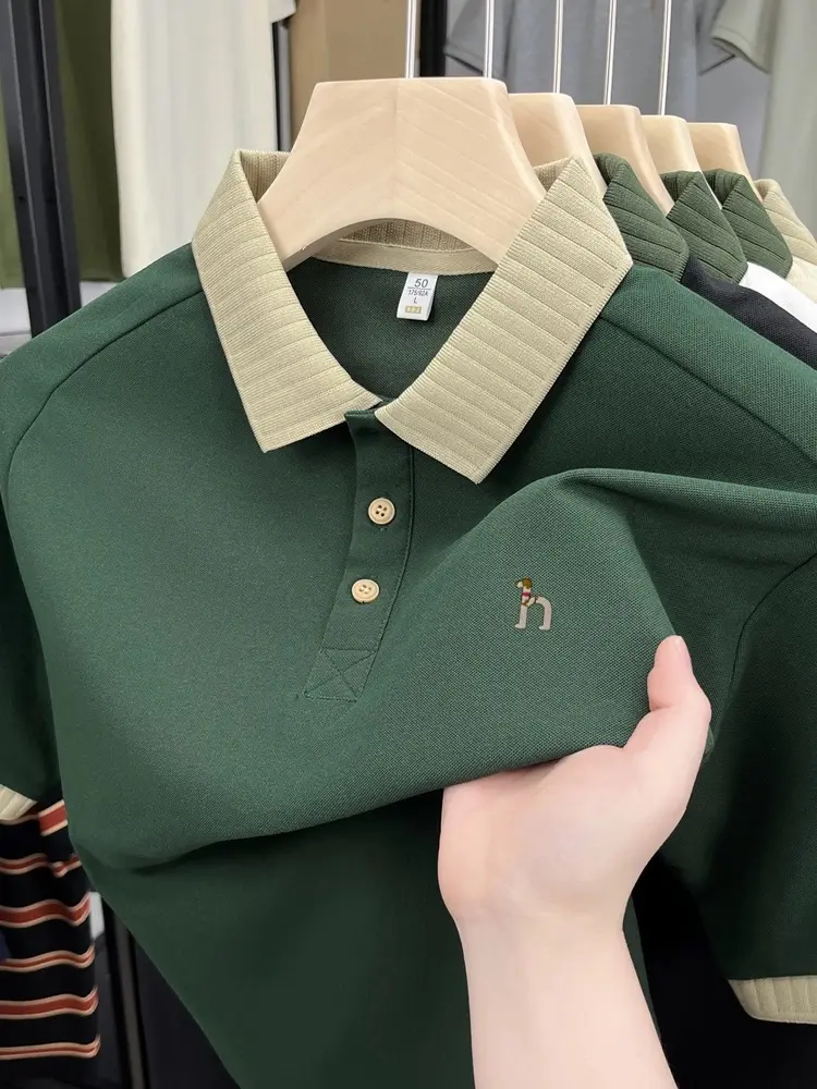 Fashion brand men's short sleeve polo shirt cute dog embroidery summer new comfort breathable trend color blocked lapel T-shirt