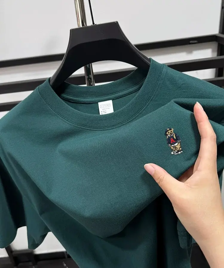 Brand fashion teddy bear embroidered short sleeve T-shirt men summer 100% cotton breathable Korean youth casual round neck top