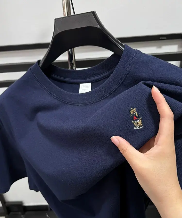 Brand fashion teddy bear embroidered short sleeve T-shirt men summer 100% cotton breathable Korean youth casual round neck top