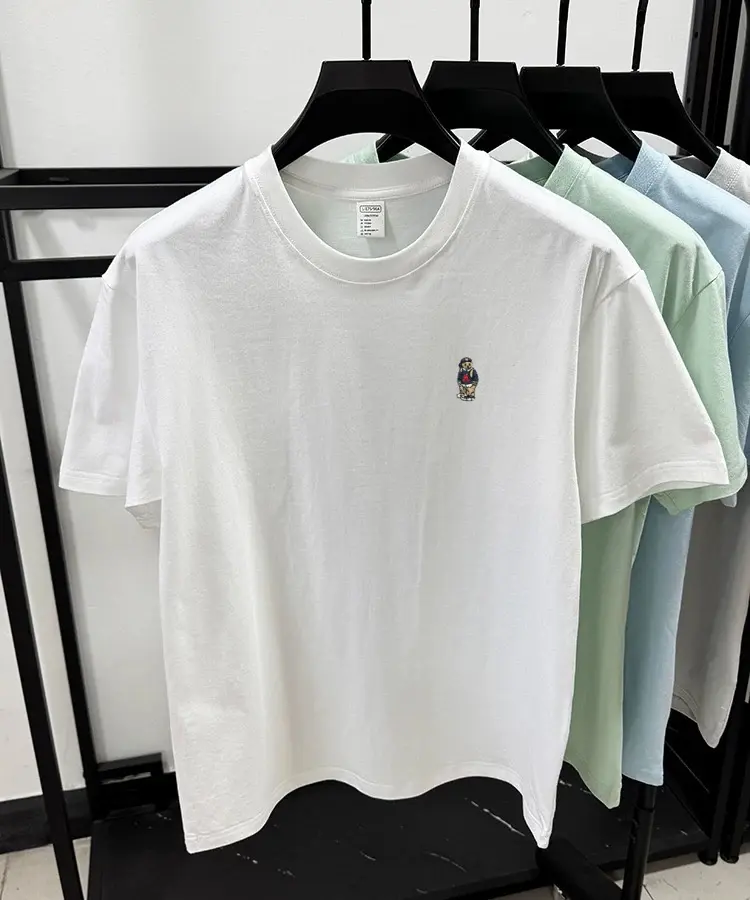 Brand fashion teddy bear embroidered short sleeve T-shirt men summer 100% cotton breathable Korean youth casual round neck top