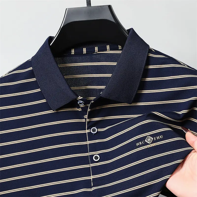 Fashion striped lapel short sleeve T-shirt high-end brand summer new item comfort exquisite letter emboss men casual polo shirt
