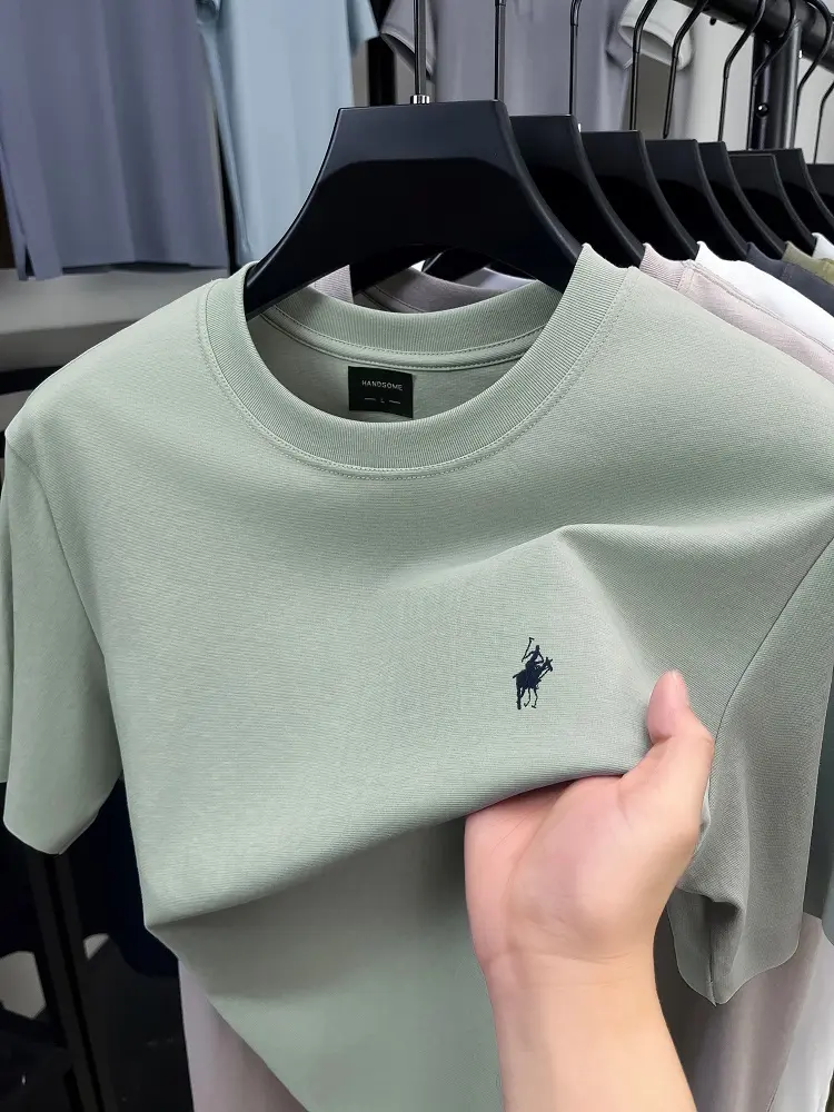 High end brand short sleeve T-shirt men's 2025summer new Paul embroidery design casual ice silk cotton breathable round neck top