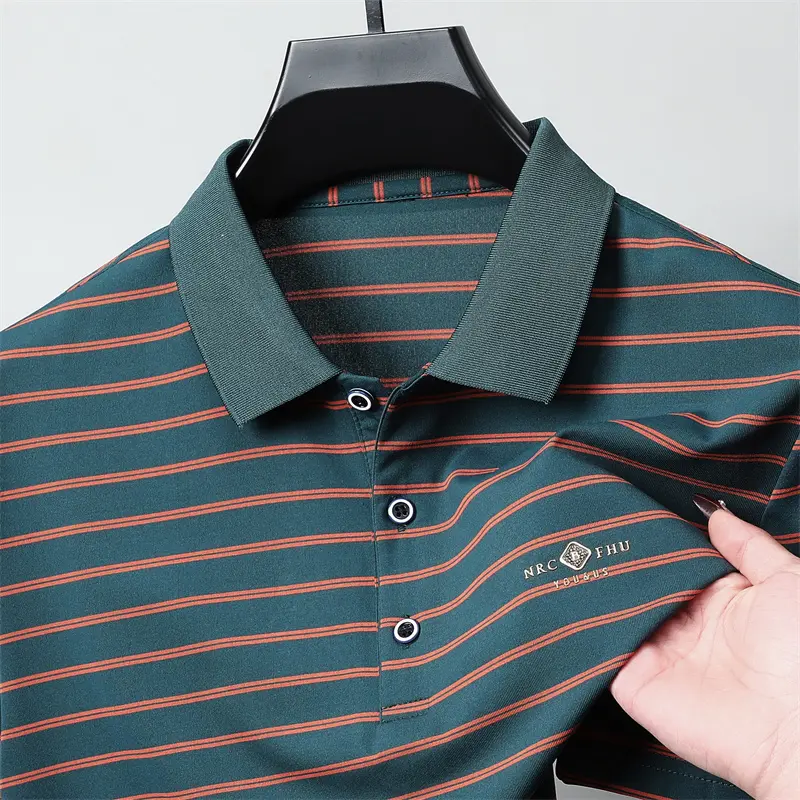 Fashion striped lapel short sleeve T-shirt high-end brand summer new item comfort exquisite letter emboss men casual polo shirt