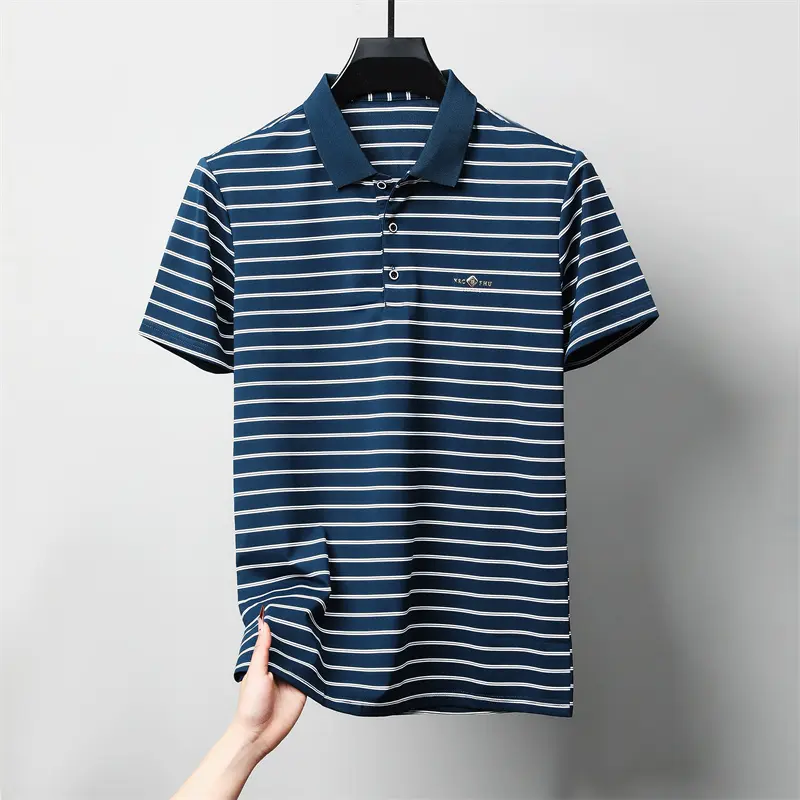 Fashion striped lapel short sleeve T-shirt high-end brand summer new item comfort exquisite letter emboss men casual polo shirt