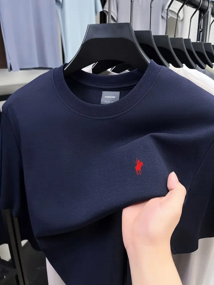 High end brand short sleeve T-shirt men's 2025summer new Paul embroidery design casual ice silk cotton breathable round neck top
